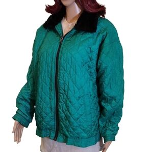 Vintage EVR Silk Teal Quilted Women's Jacket with Faux Fur Collar